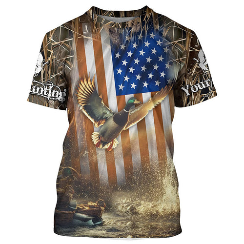 Duck Hunting American flag Waterfowl Camo Custom name Shirts for Men, Kid - Duck hunting gifts FSD2114