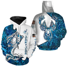 Load image into Gallery viewer, Fishing and Hunting Deer and Bass blue camo all over print Shirt, Hoodie - Personalized Gifts FSD3189