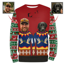 Load image into Gallery viewer, Funny Custom Ugly Christmas Sweatshirt for Duck Hunter – Hunter &amp; Dog’s Face and Name FSD4759