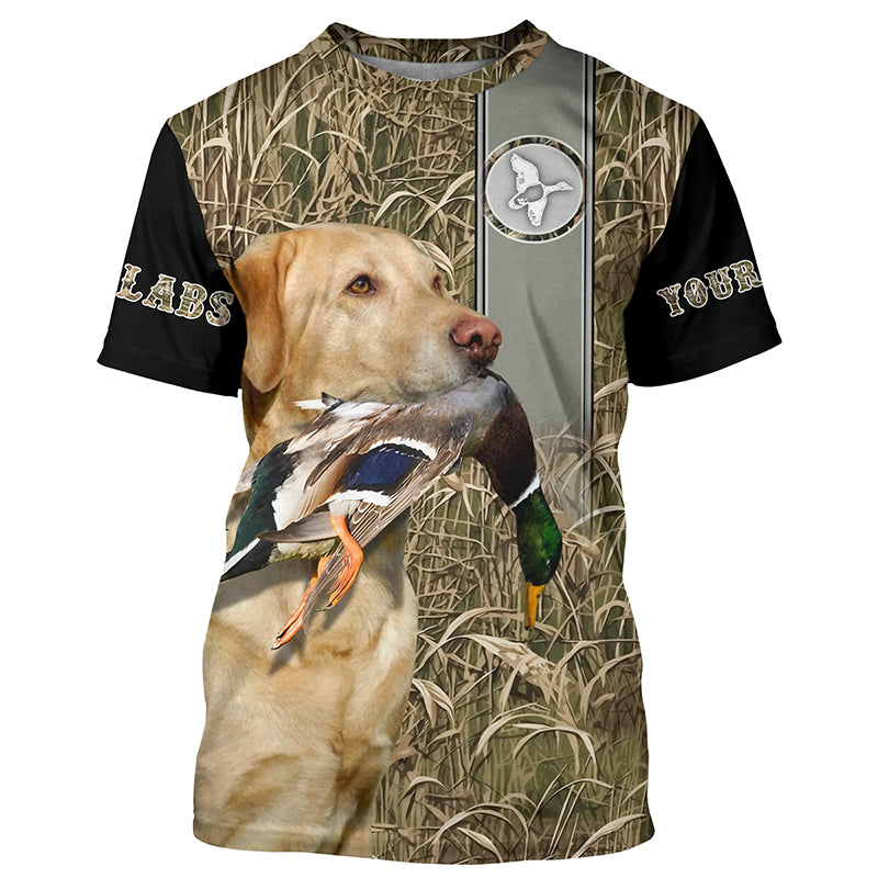 Yellow Labrador Duck Hunting with Dog Waterfowl Camo Custom Name All Over Printed Shirts FSD3146