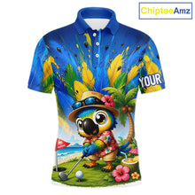Load image into Gallery viewer, Funny Hawaiian bird golf jersey, personalized tropical parrot mens golf polo shirt, front view.