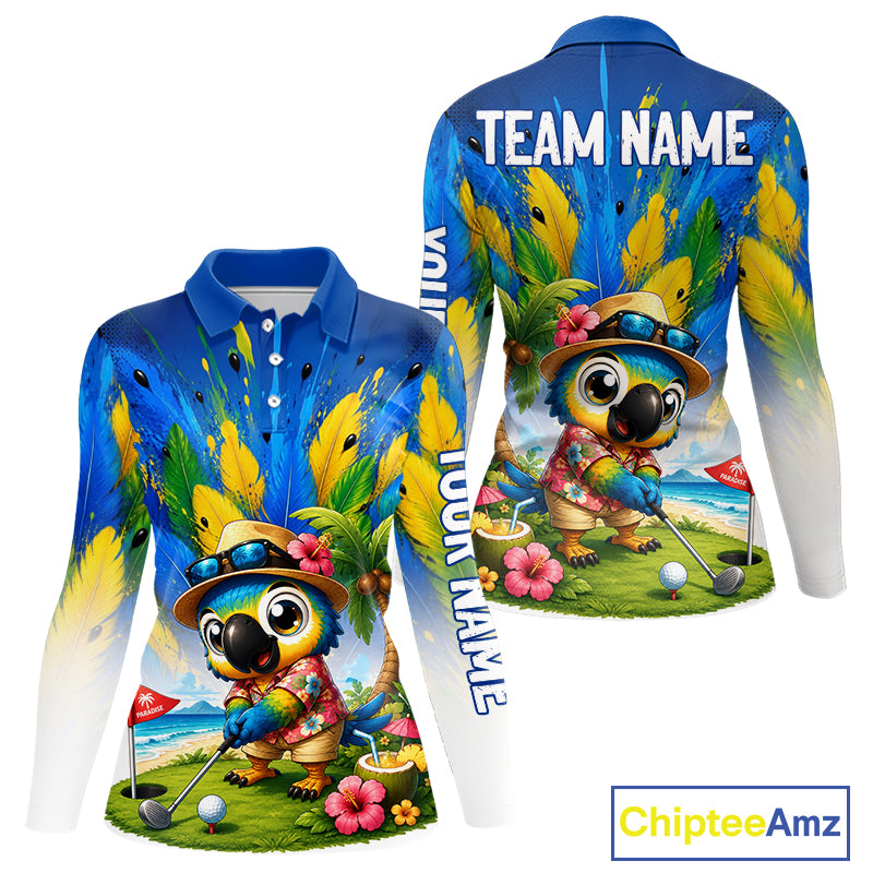 Womens golf polo shirt with tropical parrot print, personalized name and team, Hawaiian bird design.