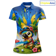 Load image into Gallery viewer, Funny Hawaiian bird golf jersey, personalized tropical parrot womens golf polo shirt, front view.
