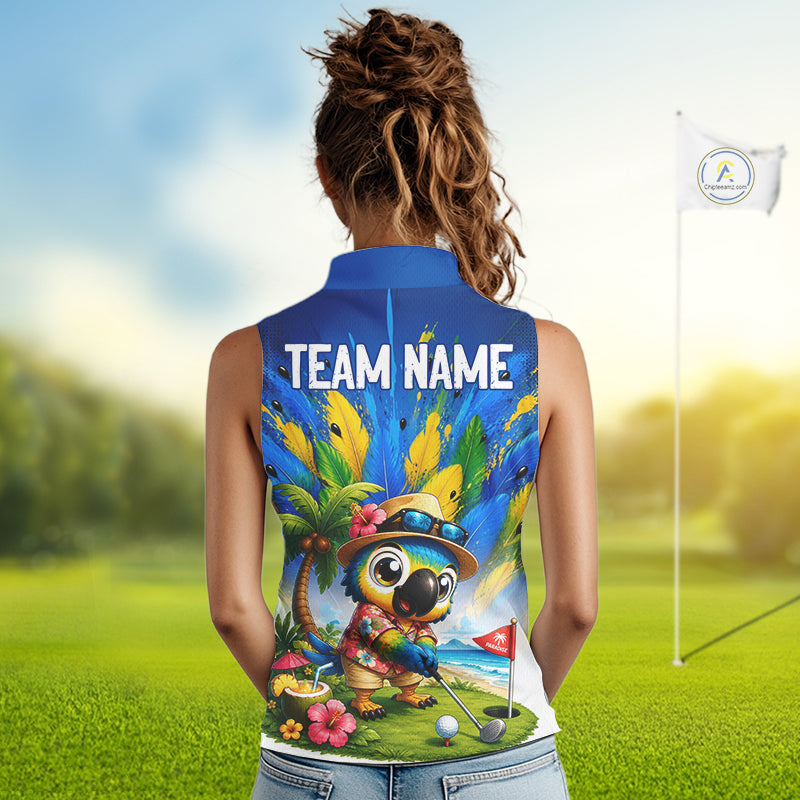Personalized tropical parrot golf polo for women, funny Hawaiian bird design, sleeveless sport shirt side view.