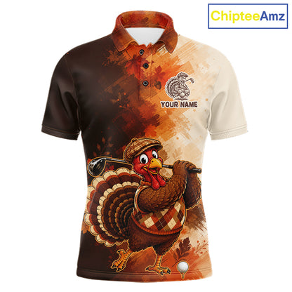 Personalized Vintage Autumn Men Golf Tops, Thanksgiving Turkey Golf Polo Shirt Custom Name NHT1338