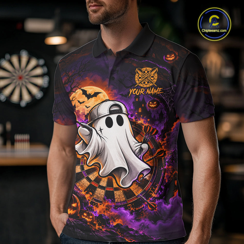 Halloween Ghost Playing Darts Polo 1/4-Zip Shirt For Men Custom Spooky Dart Player Tournament Jersey NHT1648
