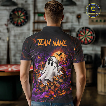 Halloween Ghost Playing Darts Polo 1/4-Zip Shirt For Men Custom Spooky Dart Player Tournament Jersey NHT1648