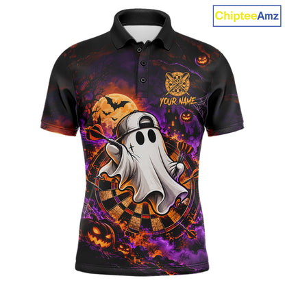Halloween Ghost Playing Darts Polo 1/4-Zip Shirt For Men Custom Spooky Dart Player Tournament Jersey NHT1648