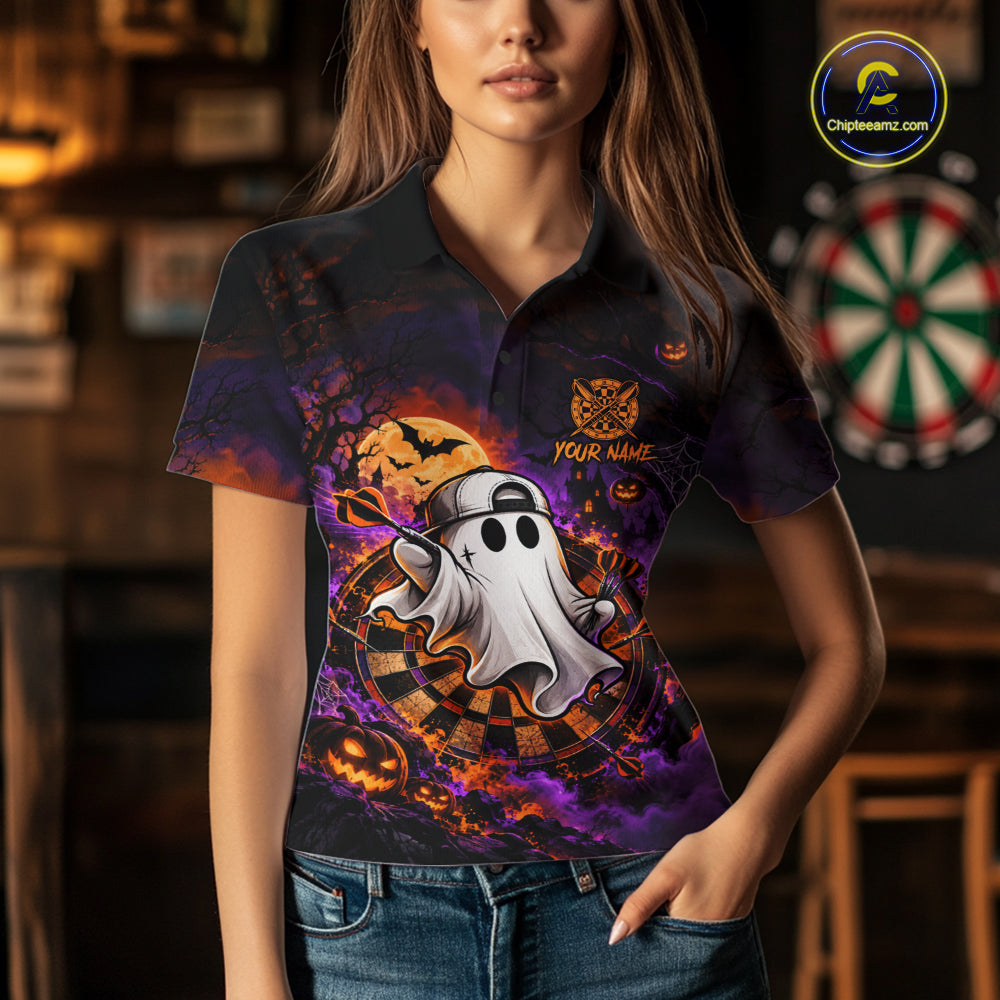 Halloween Ghost Playing Darts Polo 1/4-Zip Shirt For Women Custom Spooky Dart Player Tournament Jersey NHT1648