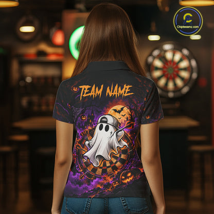 Halloween Ghost Playing Darts Polo 1/4-Zip Shirt For Women Custom Spooky Dart Player Tournament Jersey NHT1648