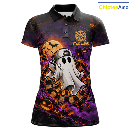 Halloween Ghost Playing Darts Polo 1/4-Zip Shirt For Women Custom Spooky Dart Player Tournament Jersey NHT1648