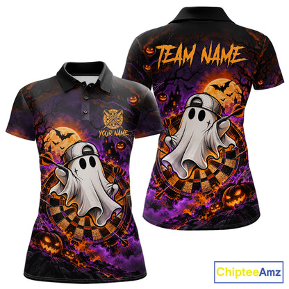 Halloween Ghost Playing Darts Polo 1/4-Zip Shirt For Women Custom Spooky Dart Player Tournament Jersey NHT1648