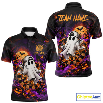 Halloween Ghost Playing Darts Polo 1/4-Zip Shirt For Men Custom Spooky Dart Player Tournament Jersey NHT1648