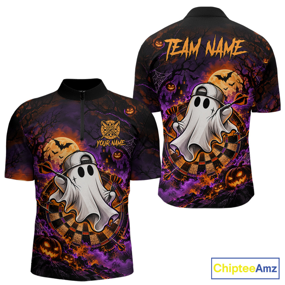 Halloween Ghost Playing Darts Polo 1/4-Zip Shirt For Men Custom Spooky Dart Player Tournament Jersey NHT1648