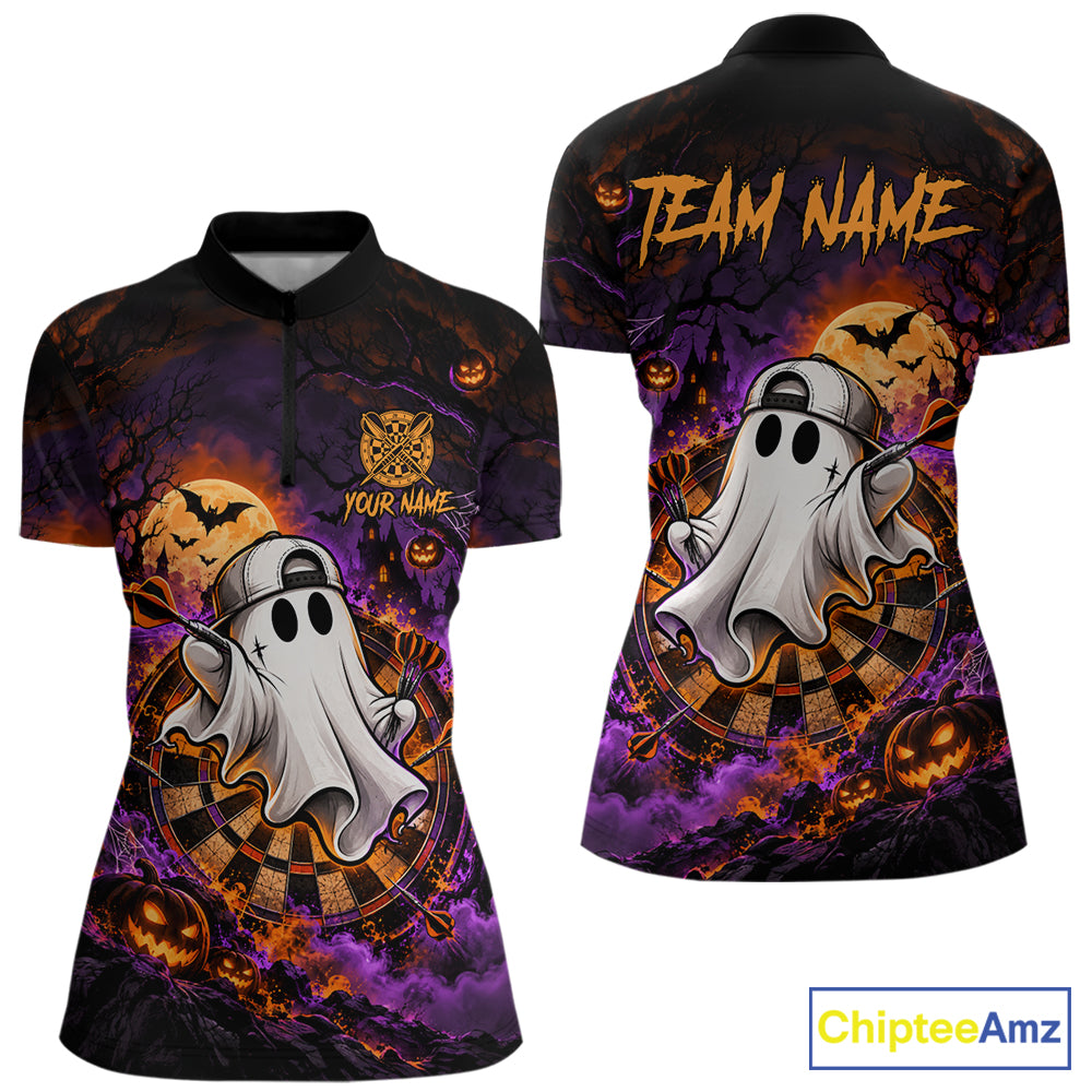 Halloween Ghost Playing Darts Polo 1/4-Zip Shirt For Women Custom Spooky Dart Player Tournament Jersey NHT1648