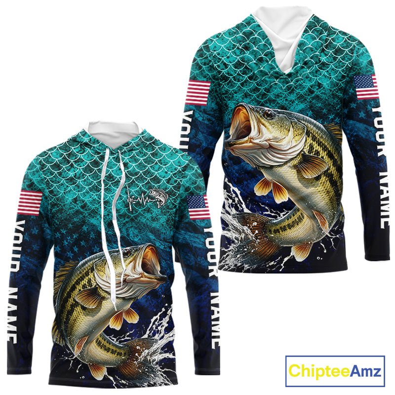 American Flag Bass Fish Long Sleeve Hooded Performance Fishing Shirt Custom Angler Tournament Jersey NHT1654