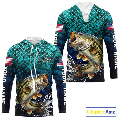 American Flag Bass Fish Long Sleeve Hooded Performance Fishing Shirt Custom Angler Tournament Jersey NHT1654
