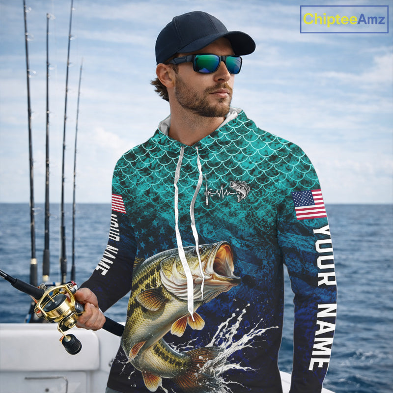 American Flag Bass Fish Long Sleeve Hooded Performance Fishing Shirt Custom Angler Tournament Jersey NHT1654