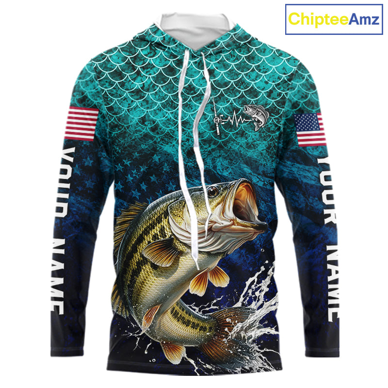 American Flag Bass Fish Long Sleeve Hooded Performance Fishing Shirt Custom Angler Tournament Jersey NHT1654