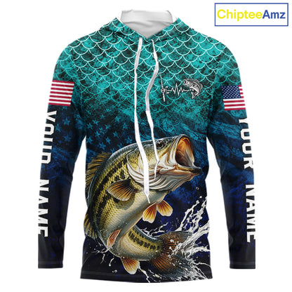 American Flag Bass Fish Long Sleeve Hooded Performance Fishing Shirt Custom Angler Tournament Jersey NHT1654