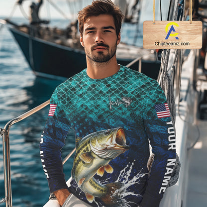 American Flag Bass Fish Long Sleeve Performance Fishing Shirt Custom Angler Tournament Jersey NHT1654