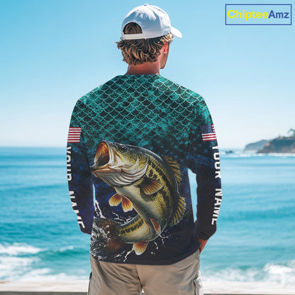 American Flag Bass Fish Long Sleeve Performance Fishing Shirt Custom Angler Tournament Jersey NHT1654