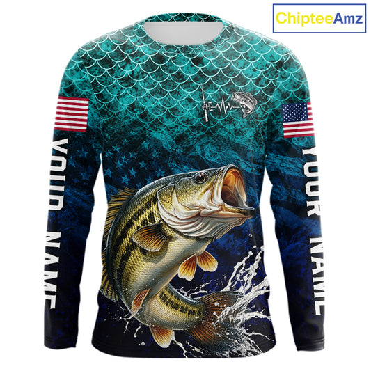 American Flag Bass Fish Long Sleeve Performance Fishing Shirt Custom Angler Tournament Jersey NHT1654
