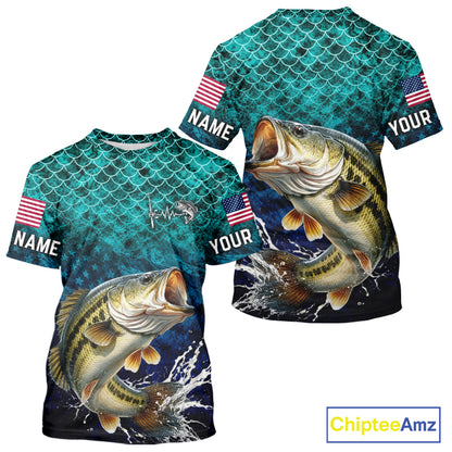 American Flag Bass Fish Short Sleeve Performance Fishing Shirt Custom Angler Tournament Jersey NHT1654
