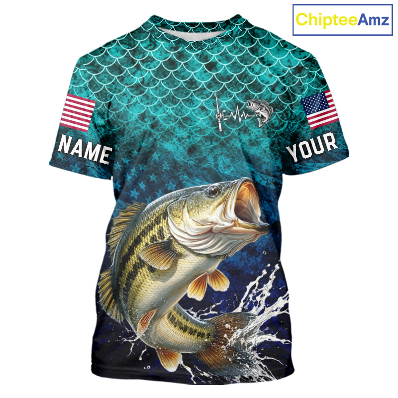 American Flag Bass Fish Short Sleeve Performance Fishing Shirt Custom Angler Tournament Jersey NHT1654