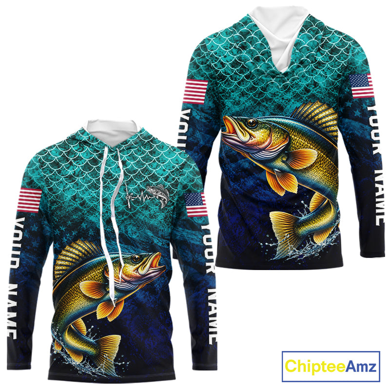 American Flag Walleye Fish Long Sleeve Hooded Performance Fishing Shirt Custom Angler Tournament Jersey NHT1655