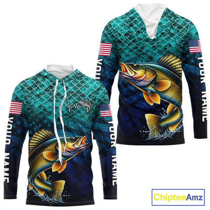 American Flag Walleye Fish Long Sleeve Hooded Performance Fishing Shirt Custom Angler Tournament Jersey NHT1655