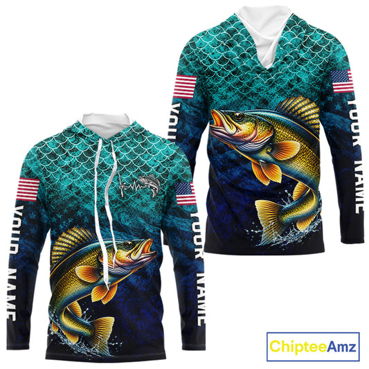 American Flag Walleye Fish Long Sleeve Hooded Performance Fishing Shirt Custom Angler Tournament Jersey NHT1655