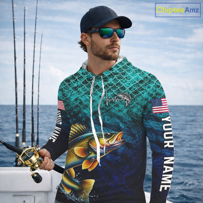 American Flag Walleye Fish Long Sleeve Hooded Performance Fishing Shirt Custom Angler Tournament Jersey NHT1655