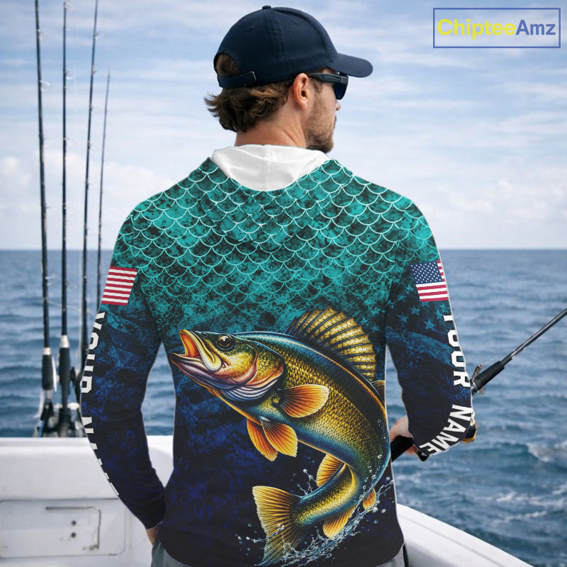 American Flag Walleye Fish Long Sleeve Hooded Performance Fishing Shirt Custom Angler Tournament Jersey NHT1655