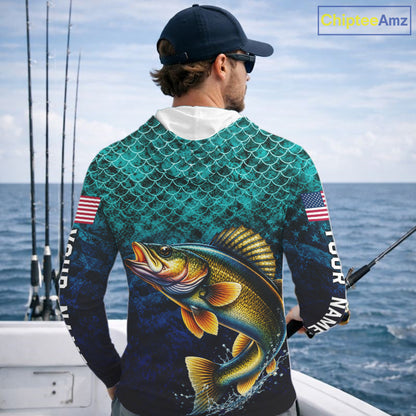American Flag Walleye Fish Long Sleeve Hooded Performance Fishing Shirt Custom Angler Tournament Jersey NHT1655