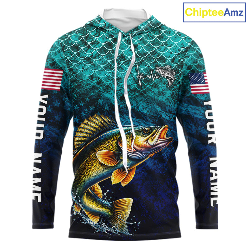 American Flag Walleye Fish Long Sleeve Hooded Performance Fishing Shirt Custom Angler Tournament Jersey NHT1655