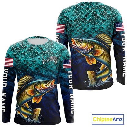 American Flag Walleye Fish Long Sleeve Performance Fishing Shirt Custom Angler Tournament Jersey NHT1655