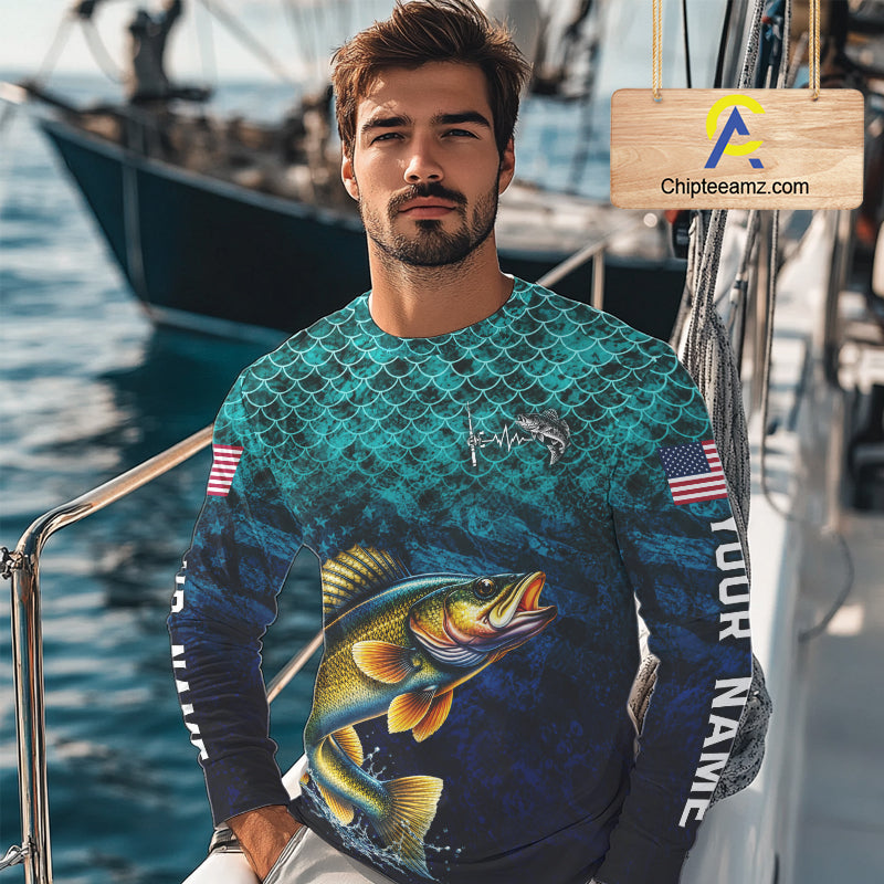 American Flag Walleye Fish Long Sleeve Performance Fishing Shirt Custom Angler Tournament Jersey NHT1655