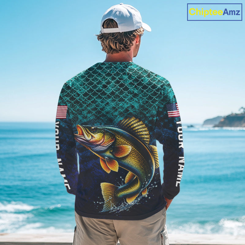 American Flag Walleye Fish Long Sleeve Performance Fishing Shirt Custom Angler Tournament Jersey NHT1655