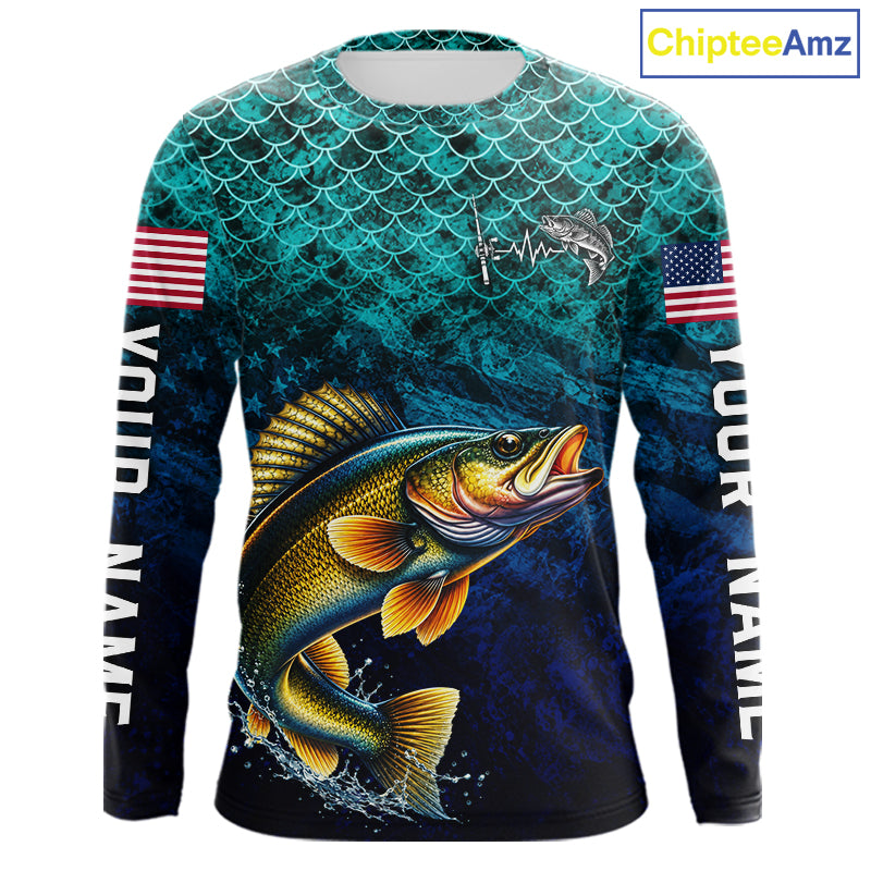 American Flag Walleye Fish Long Sleeve Performance Fishing Shirt Custom Angler Tournament Jersey NHT1655