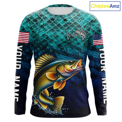 American Flag Walleye Fish Long Sleeve Performance Fishing Shirt Custom Angler Tournament Jersey NHT1655
