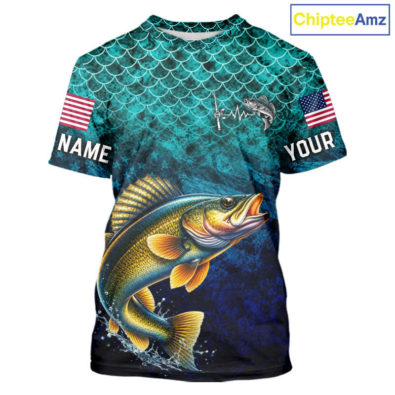 American Flag Walleye Fish Short Sleeve Performance Fishing Shirt Custom Angler Tournament Jersey NHT1655