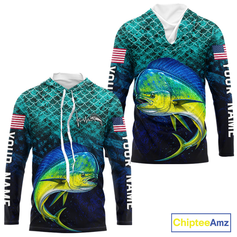 American Flag Mahi Mahi Fish Long Sleeve Hooded Performance Fishing Shirt Custom Angler Tournament Jersey NHT1656