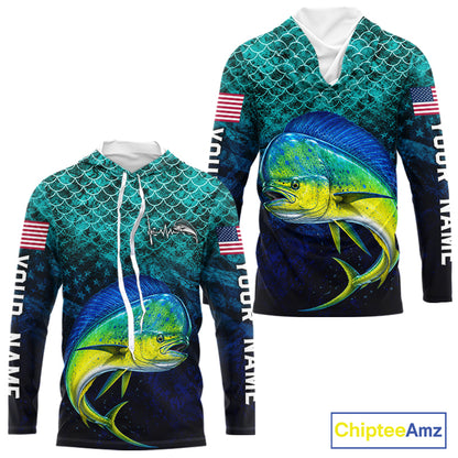 American Flag Mahi Mahi Fish Long Sleeve Hooded Performance Fishing Shirt Custom Angler Tournament Jersey NHT1656