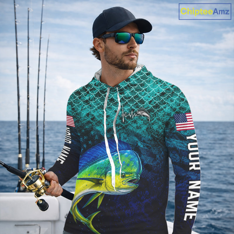 American Flag Mahi Mahi Fish Long Sleeve Hooded Performance Fishing Shirt Custom Angler Tournament Jersey NHT1656