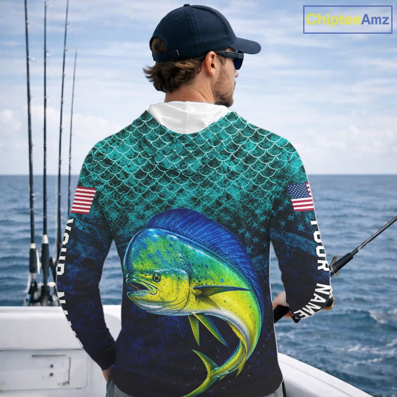 American Flag Mahi Mahi Fish Long Sleeve Hooded Performance Fishing Shirt Custom Angler Tournament Jersey NHT1656
