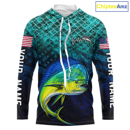 American Flag Mahi Mahi Fish Long Sleeve Hooded Performance Fishing Shirt Custom Angler Tournament Jersey NHT1656