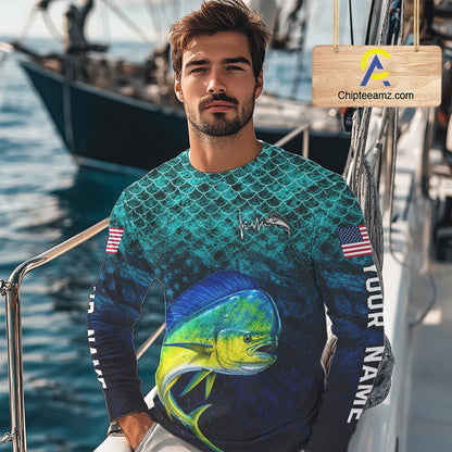 American Flag Mahi Mahi Fish Long Sleeve Performance Fishing Shirt Custom Angler Tournament Jersey NHT1656