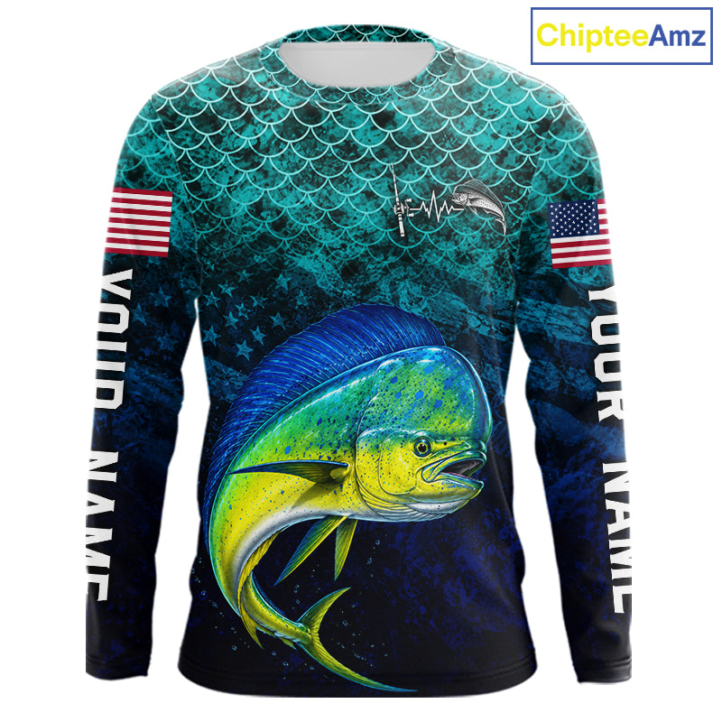 American Flag Mahi Mahi Fish Long Sleeve Performance Fishing Shirt Custom Angler Tournament Jersey NHT1656