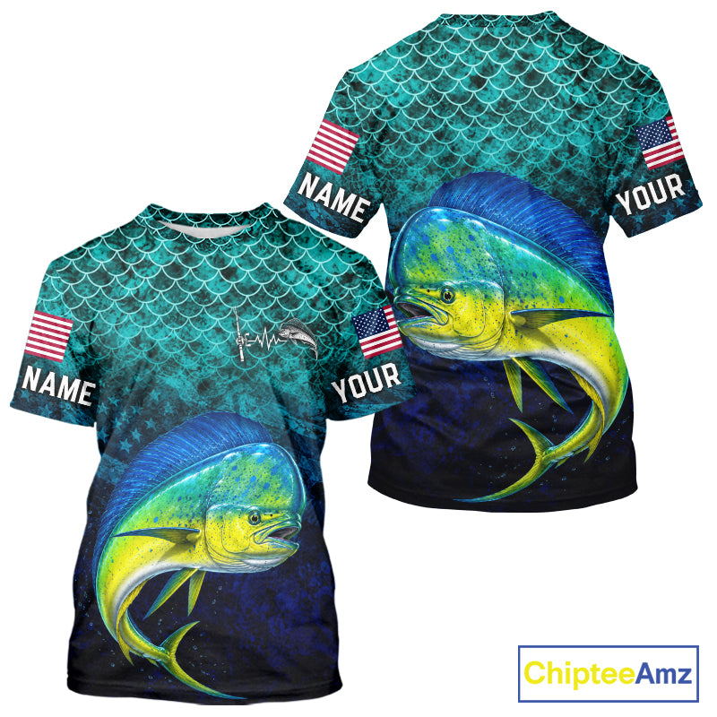 American Flag Mahi Mahi Fish Short Sleeve Performance Fishing Shirt Custom Angler Tournament Jersey NHT1656